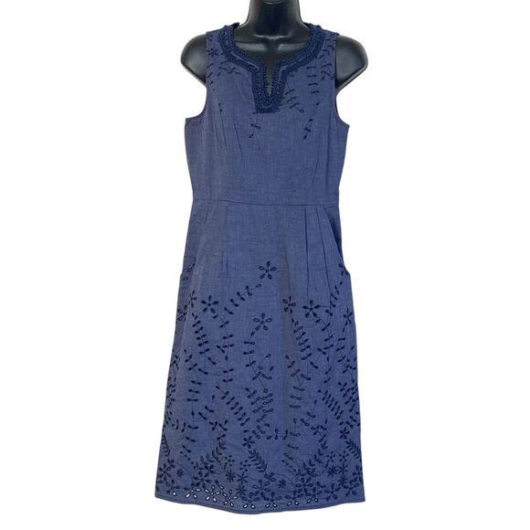 Maine New England Navy Blue Sleeveless Eyelet Lace Crochet Trim Midi Dress Sz 10 - Picture 1 of 14